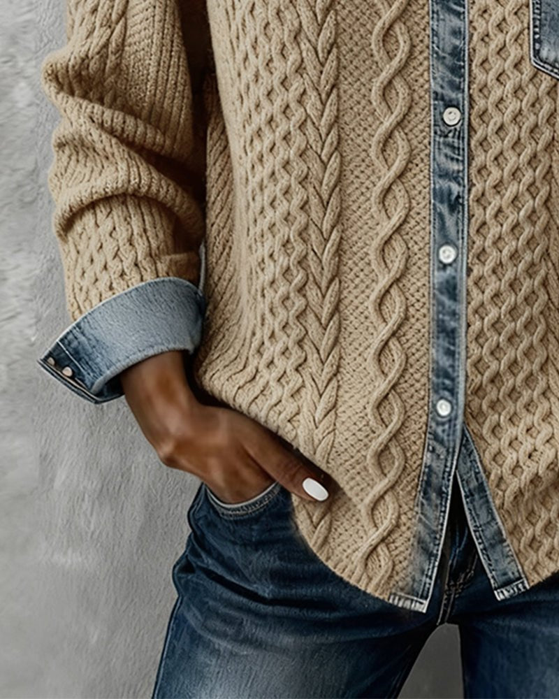 Women's Cable-Knit Denim-Patchwork Button-Up Long-Sleeve Shirt