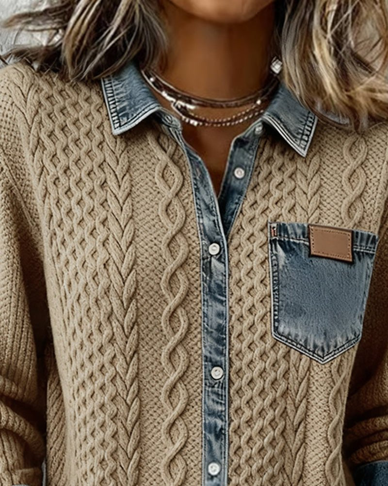 Women's Cable-Knit Denim-Patchwork Button-Up Long-Sleeve Shirt