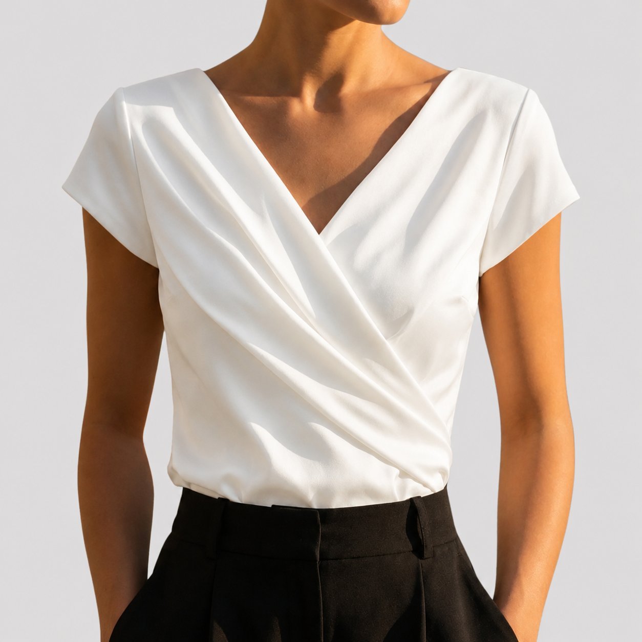 Women's Cap Sleeve Draped Wrap V-Neck Blouse Top - White