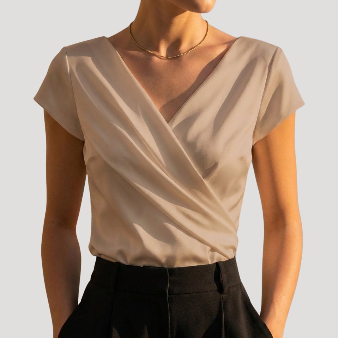 Women's Cap Sleeve Draped Wrap V-Neck Blouse Top - Khaki