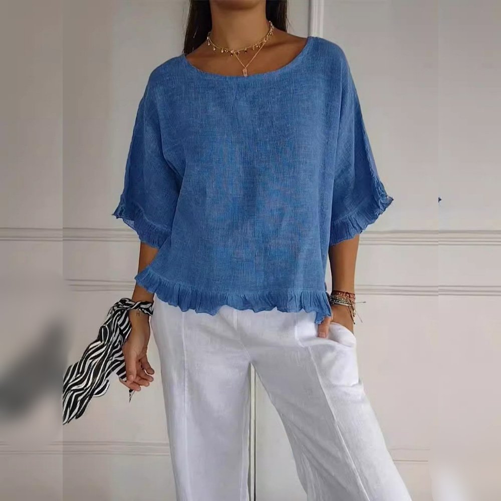 Women's Casual Linen Ruffle-Hem Short-Sleeve Blouse