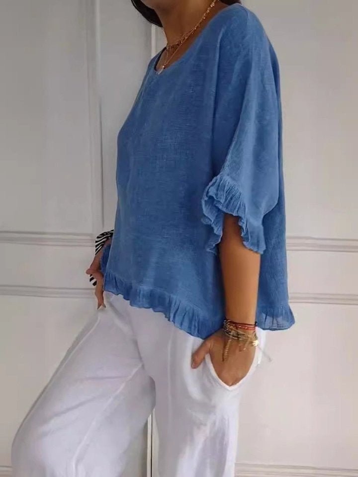 Women's Casual Linen Ruffle-Hem Short-Sleeve Blouse