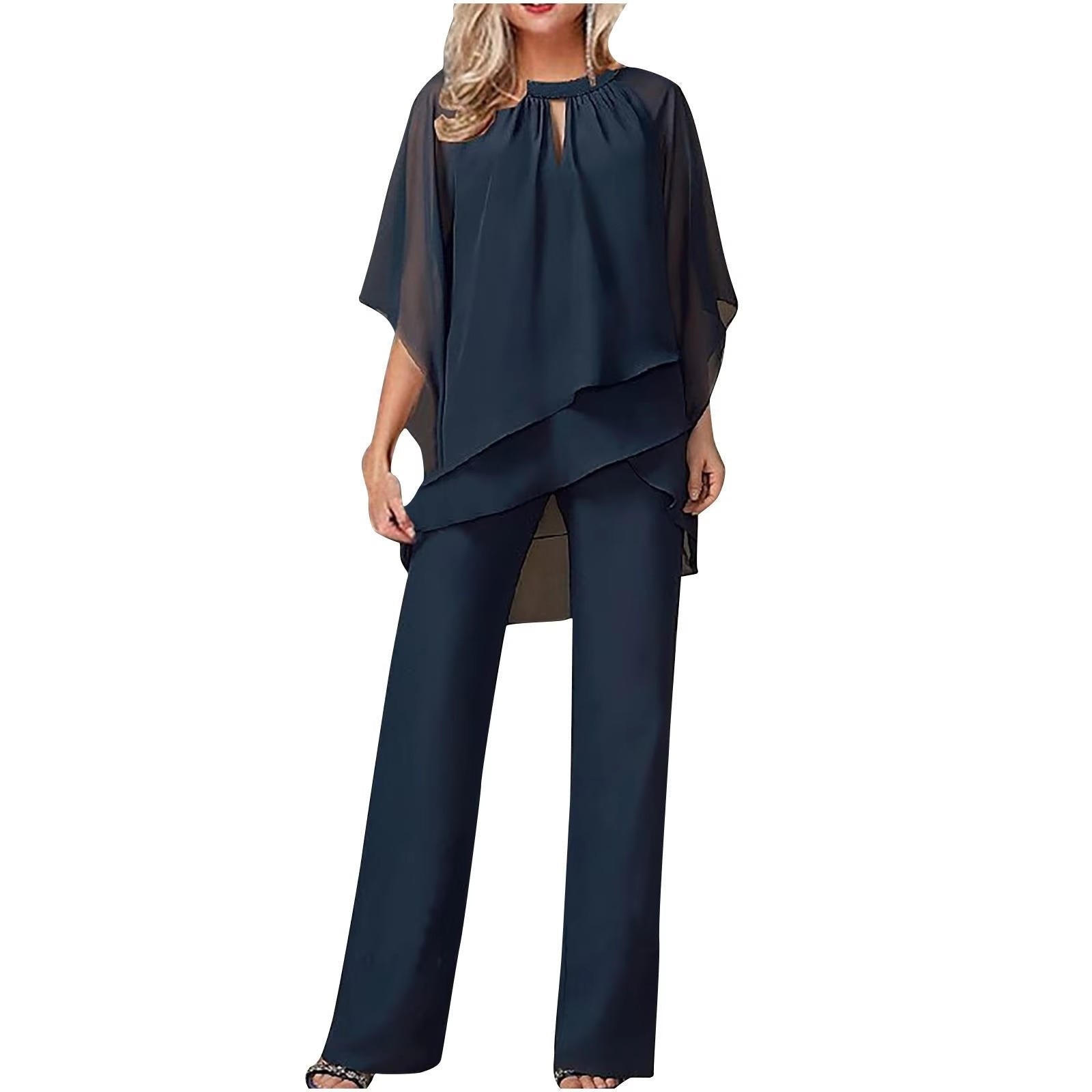 Women's Chiffon Batwing-Sleeve Asymmetric-Layer Wide-Leg Pants Set - Marineblau