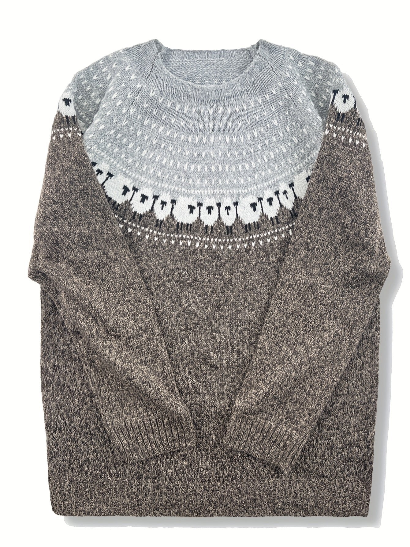 Women's Chunky Knit Sheep Jacquard Colorblock Pullover Sweater