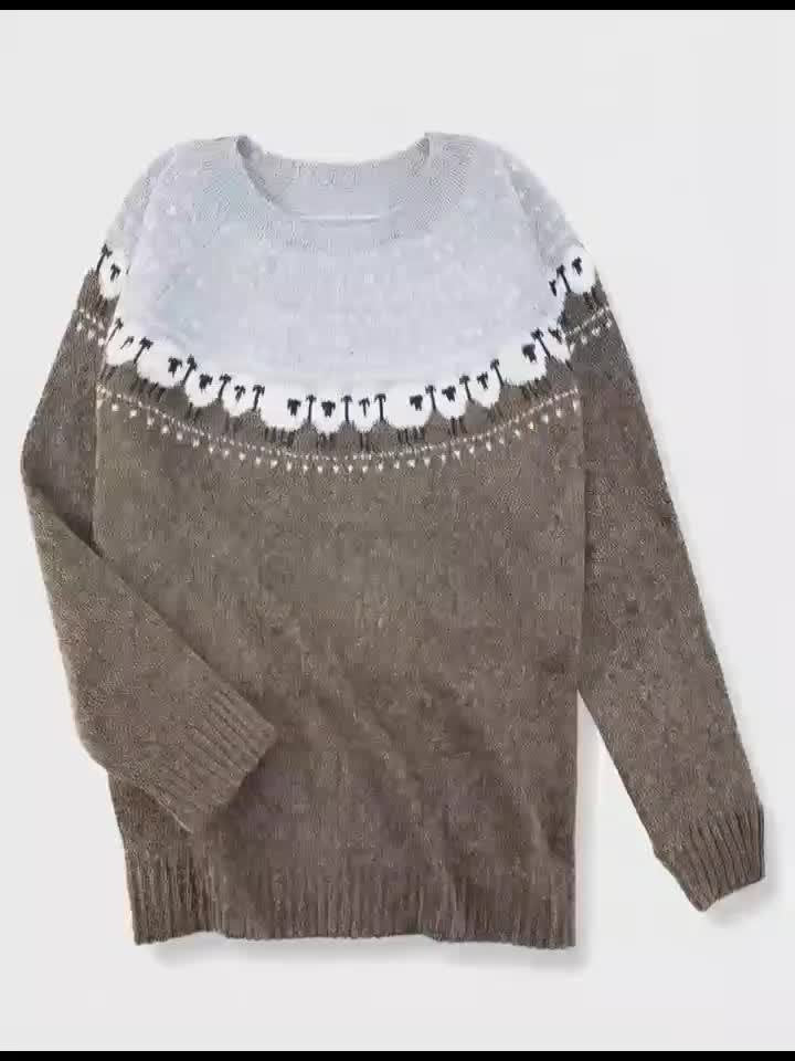 Women's Chunky Knit Sheep Jacquard Colorblock Pullover Sweater