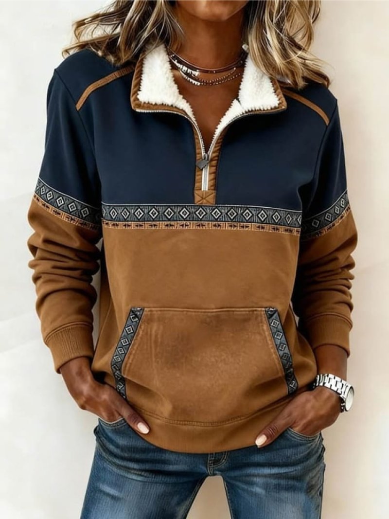 Women's Colorblock Quarter-Zip Sherpa Collar Pullover Sweatshirt - Multi-colored