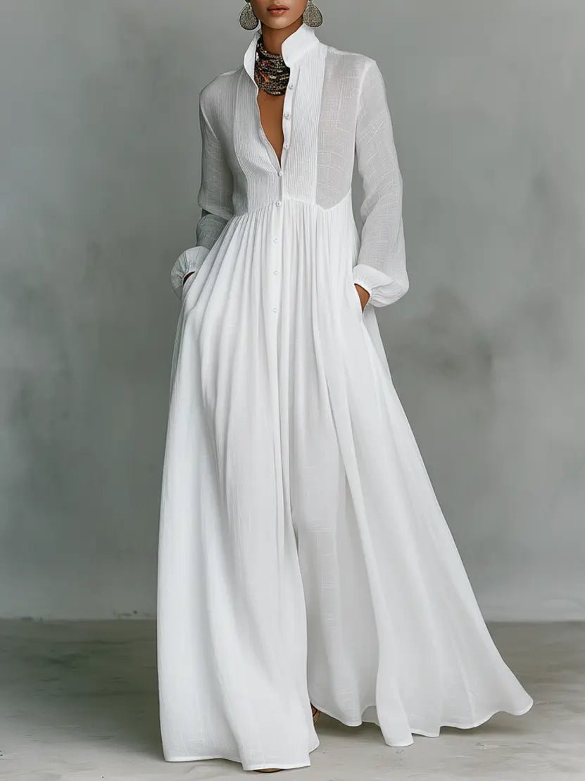 Women's Cotton-Linen Button-Front Stand Collar Maxi Shirt Dress - White