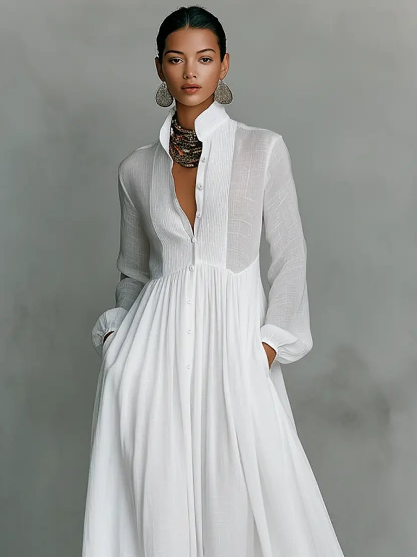 Women's Cotton-Linen Button-Front Stand Collar Maxi Shirt Dress