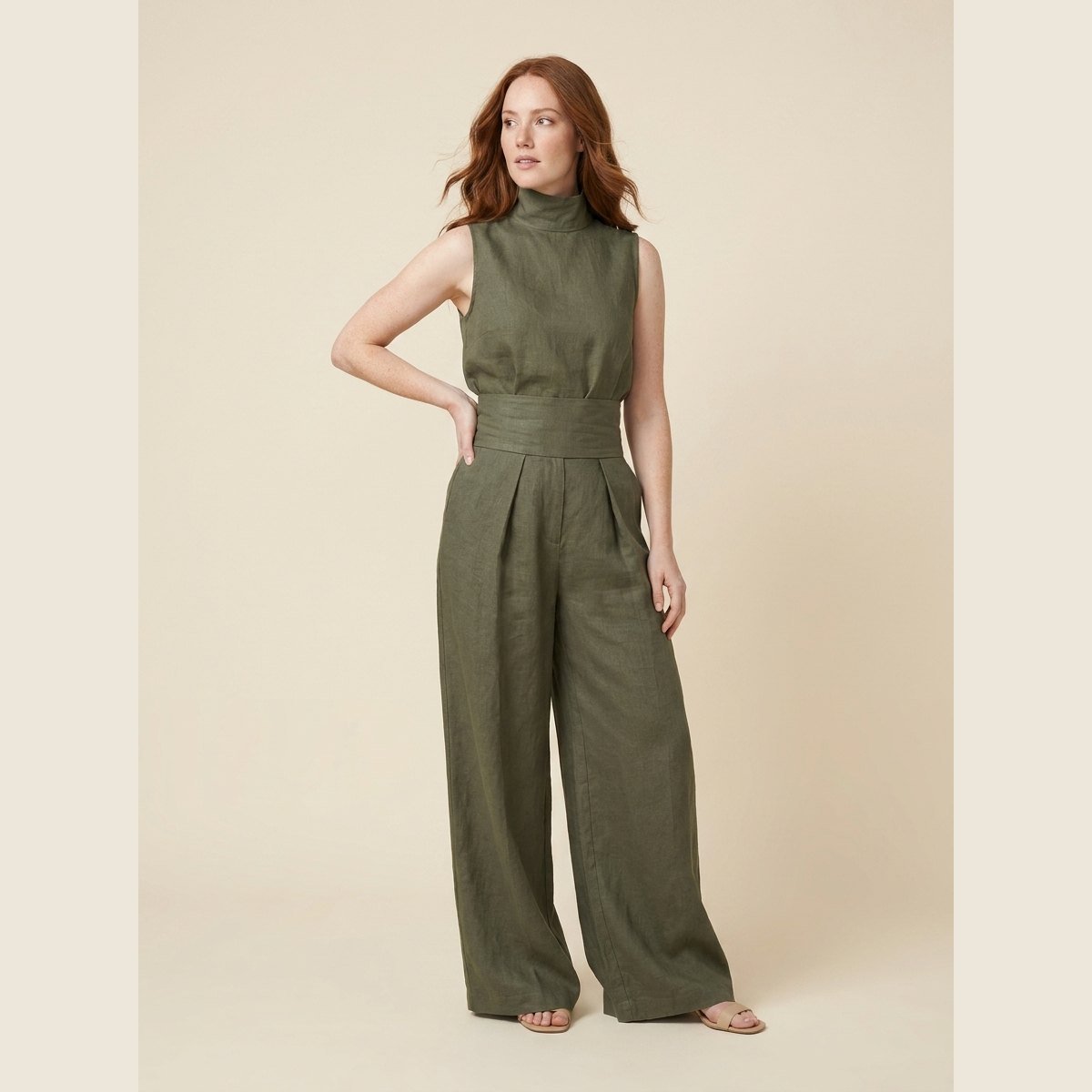 Women's Cotton-Linen Mock-Neck Sleeveless Blouse Wide-Leg Pants Set - Army Green