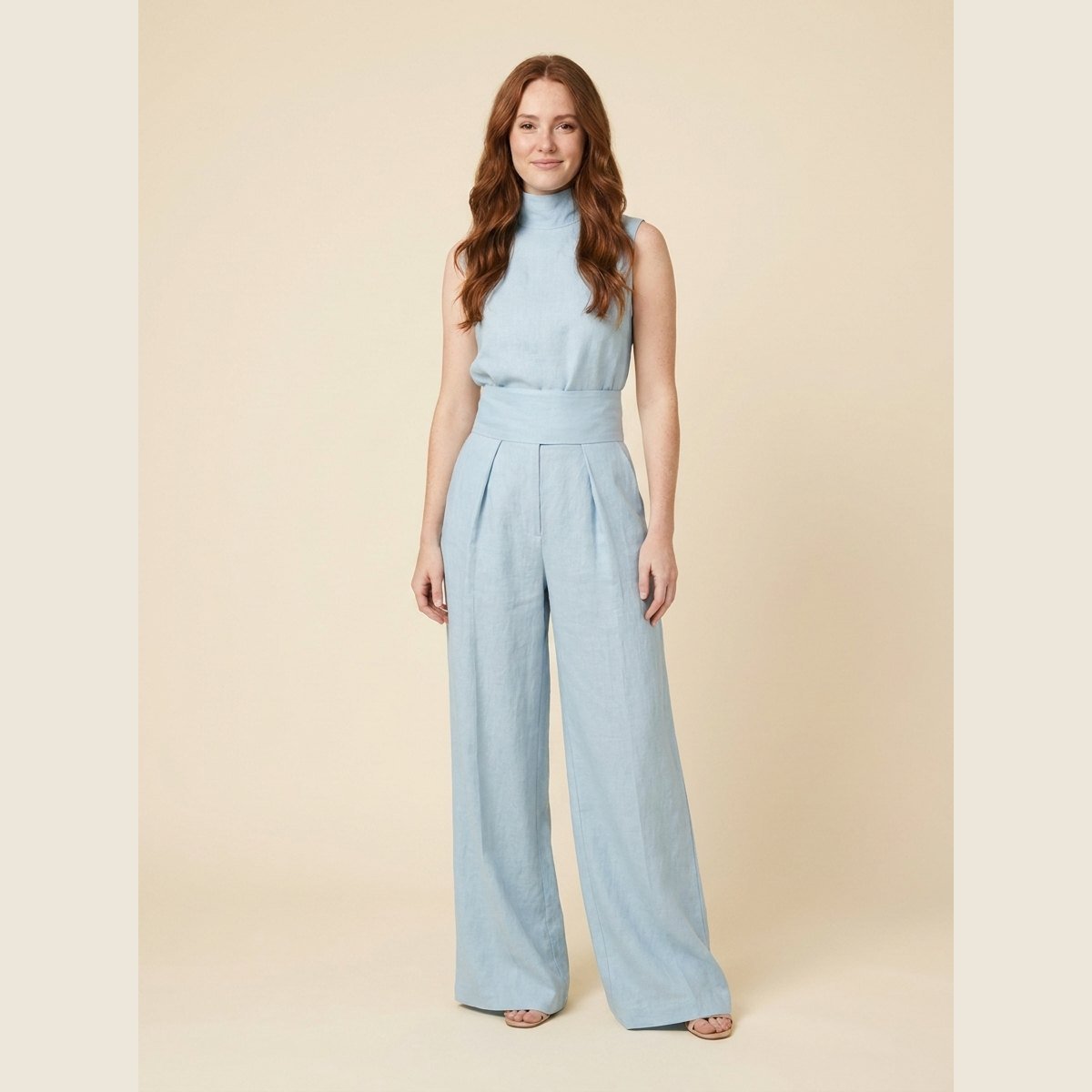 Women's Cotton-Linen Mock-Neck Sleeveless Blouse Wide-Leg Pants Set - Light Blue