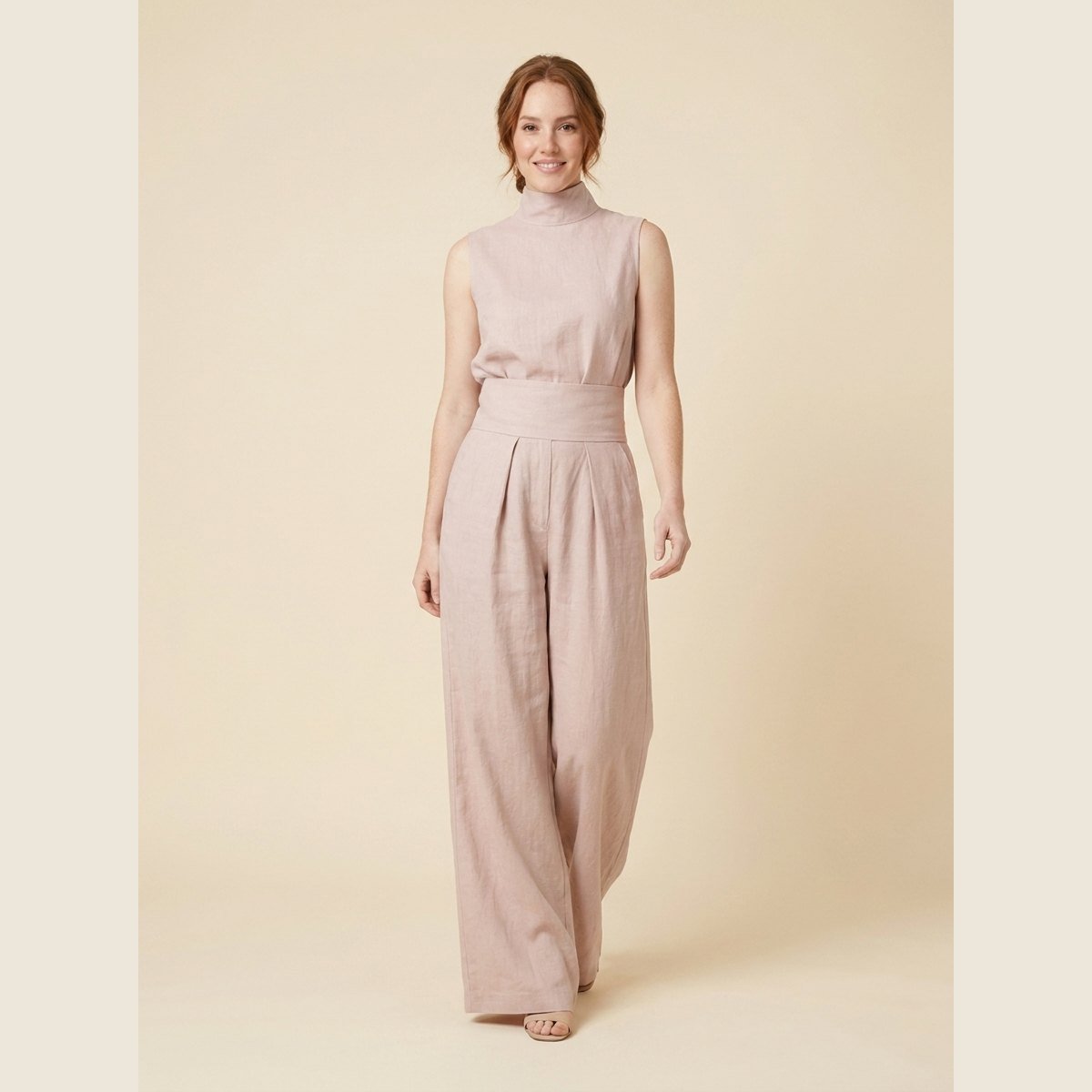 Women's Cotton-Linen Mock-Neck Sleeveless Blouse Wide-Leg Pants Set - Light Pink