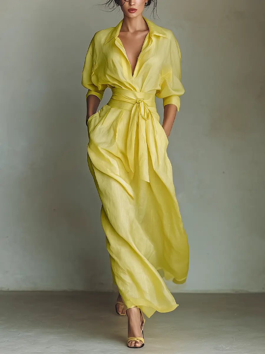 Women's Cotton-Linen Tie-Waist Deep V-Neck Maxi Shirt Dress - Yellow