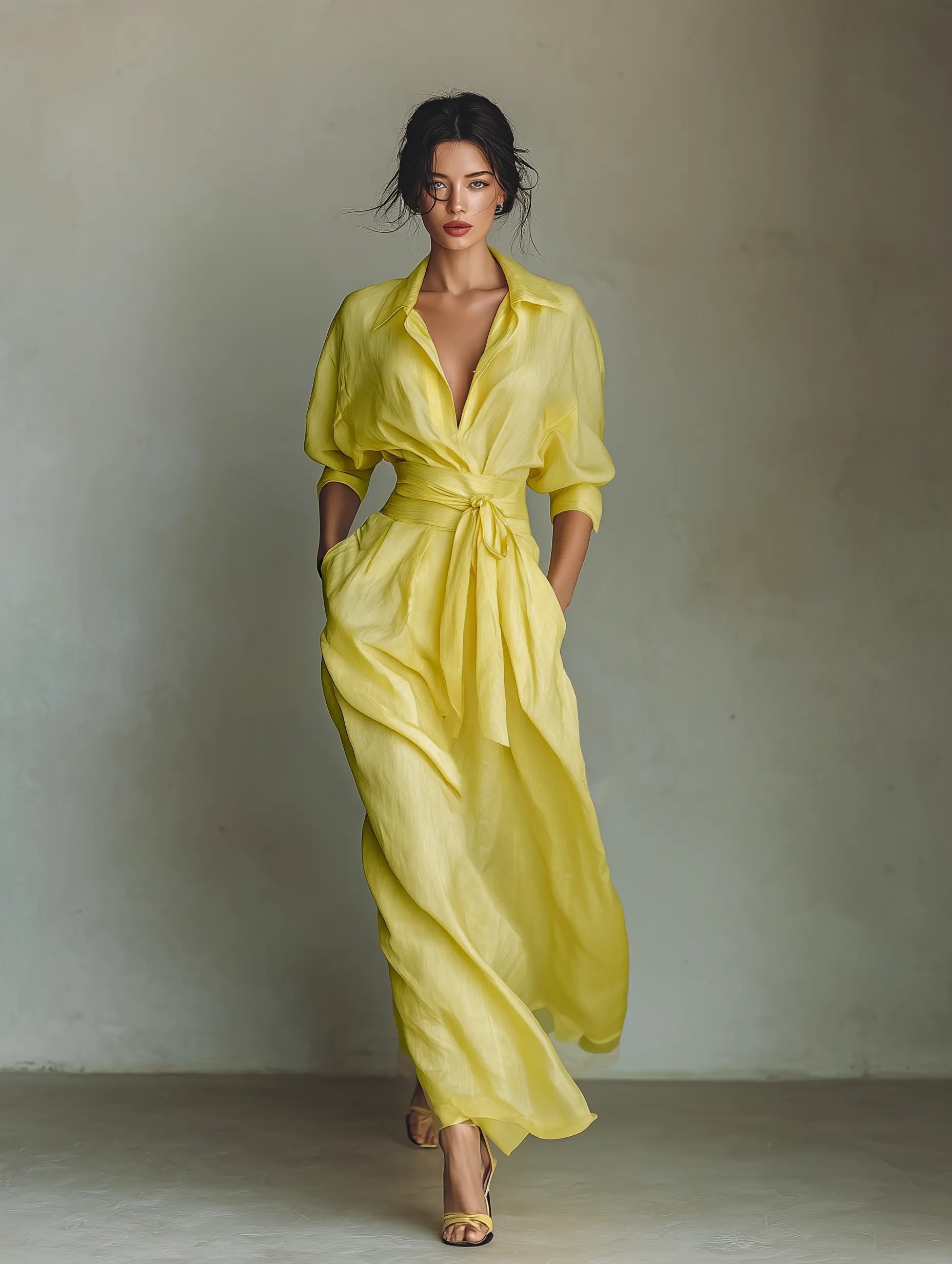 Women's Cotton-Linen Tie-Waist Deep V-Neck Maxi Shirt Dress