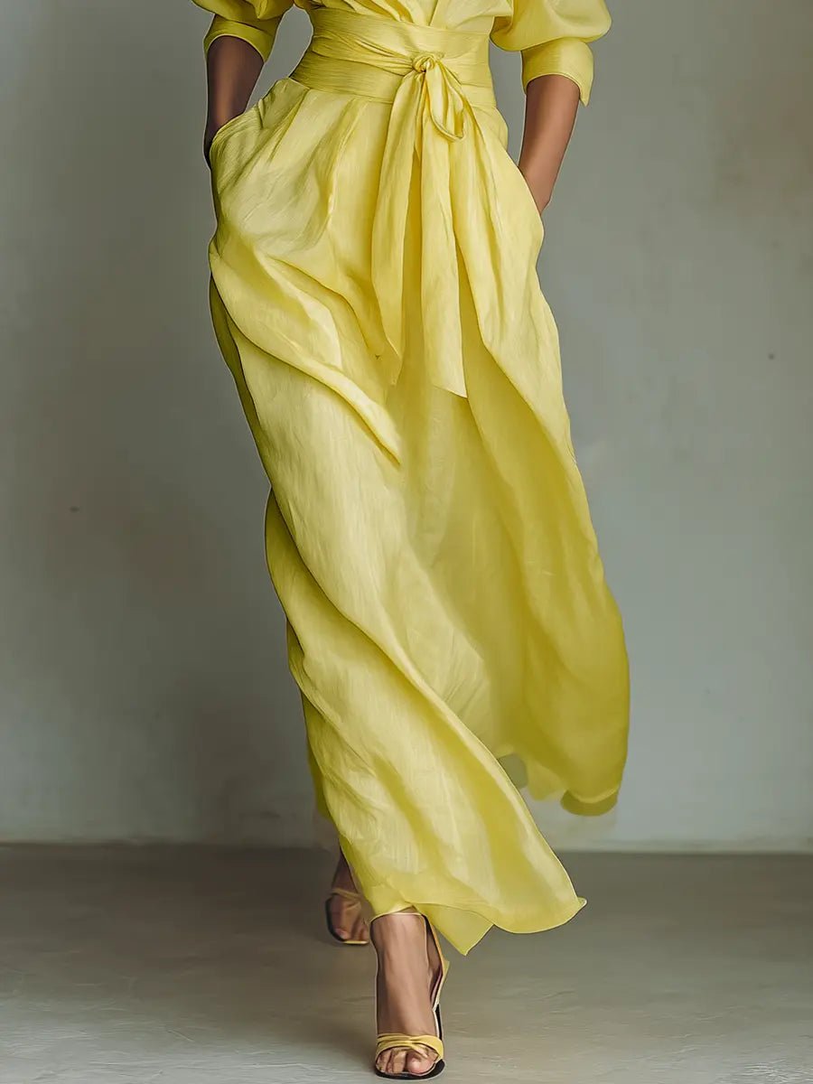 Women's Cotton-Linen Tie-Waist Deep V-Neck Maxi Shirt Dress