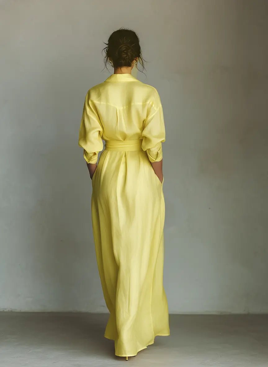 Women's Cotton-Linen Tie-Waist Deep V-Neck Maxi Shirt Dress