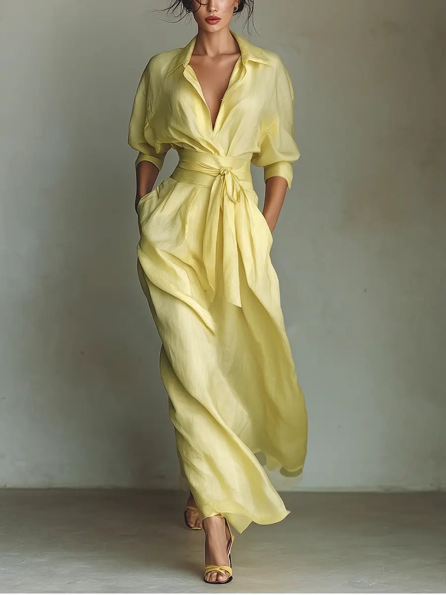 Women's Cotton-Linen Tie-Waist Deep V-Neck Maxi Shirt Dress