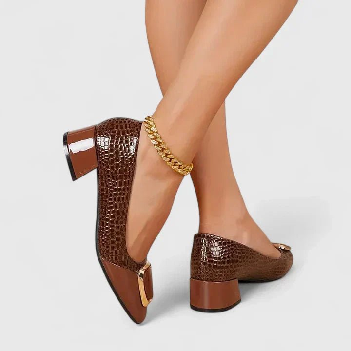 Women's Croc-Embossed Block-Heel Square-Toe Loafer Pumps - Brown
