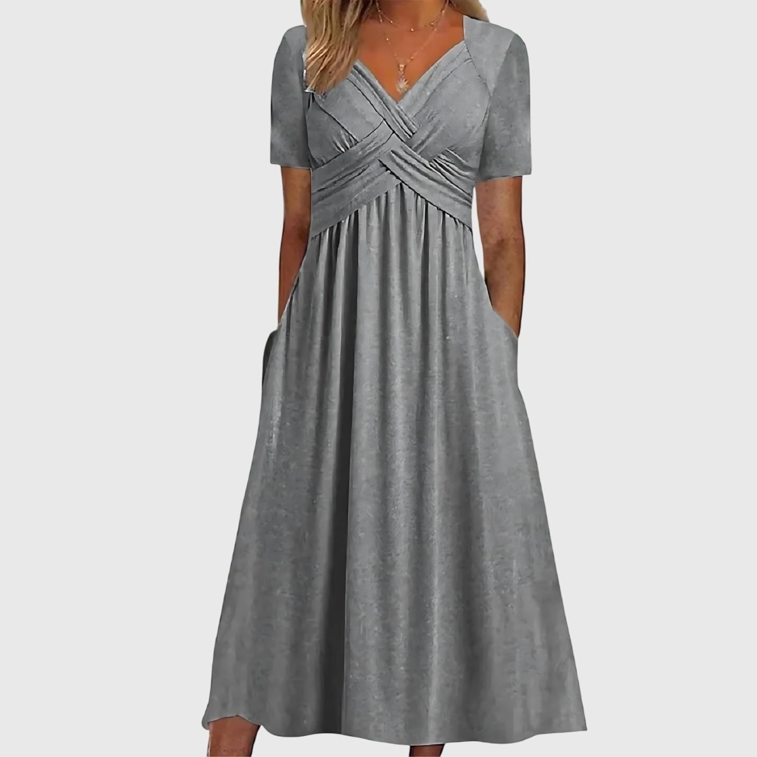 Women's Cross-Wrap V-Neck Ruched A-Line Midi Dress Pockets - Gray