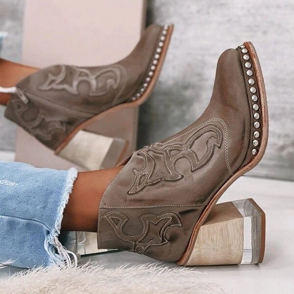 Women's Embroidered Western Ankle Boots Block Heel Studded - Texan Brown