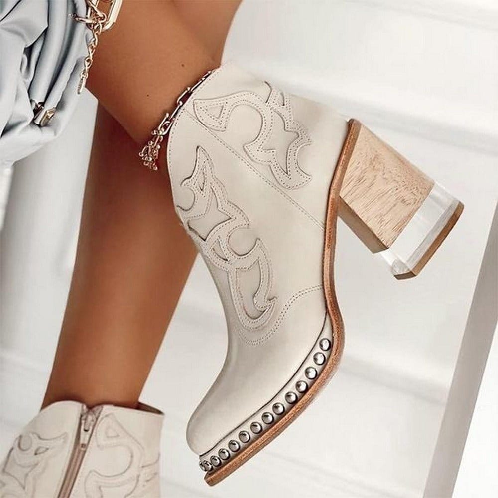 Women's Embroidered Western Ankle Boots Block Heel Studded - Vegas White