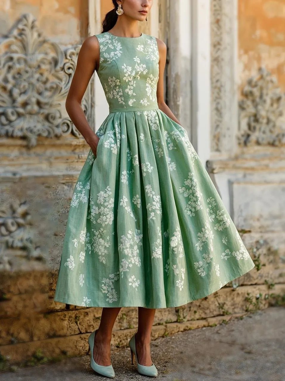 Women's Floral A-Line Sleeveless Pleated Midi Dress - Green