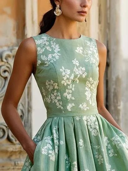 Women's Floral A-Line Sleeveless Pleated Midi Dress