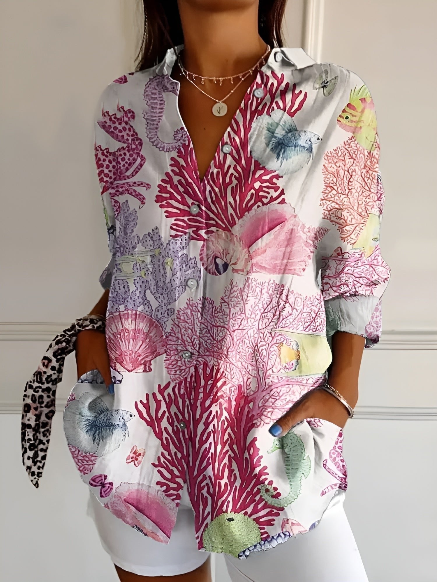 Women's Floral Button-Down Relaxed-Fit Long-Sleeve Blouse - Corals