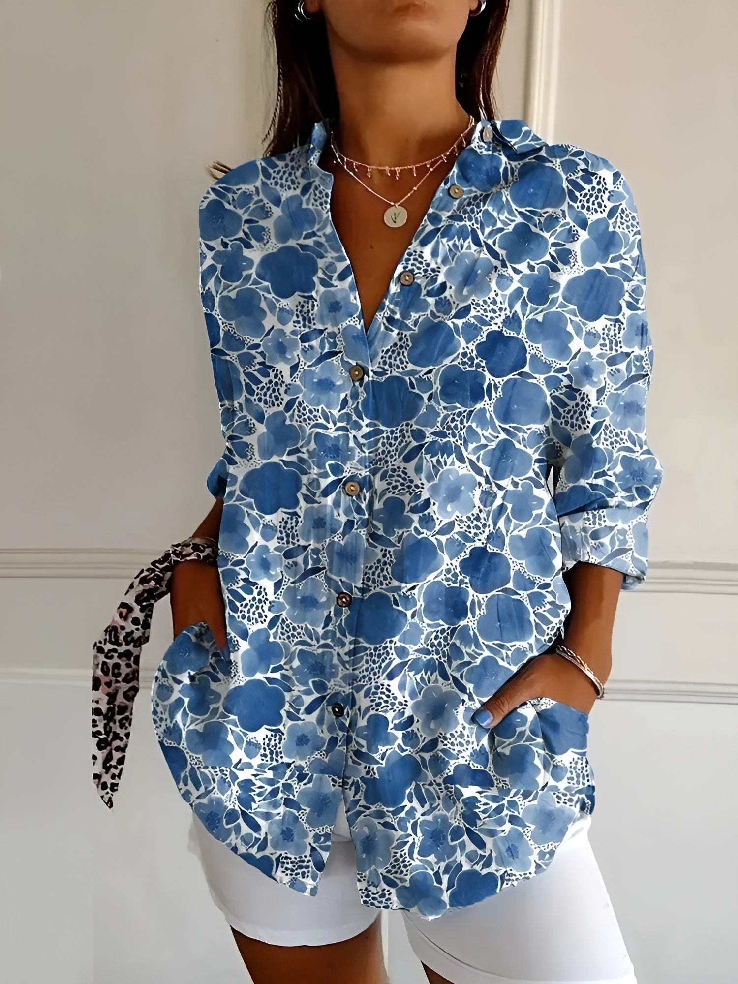 Women's Floral Button-Down Relaxed-Fit Long-Sleeve Blouse - Dark Blue Flower