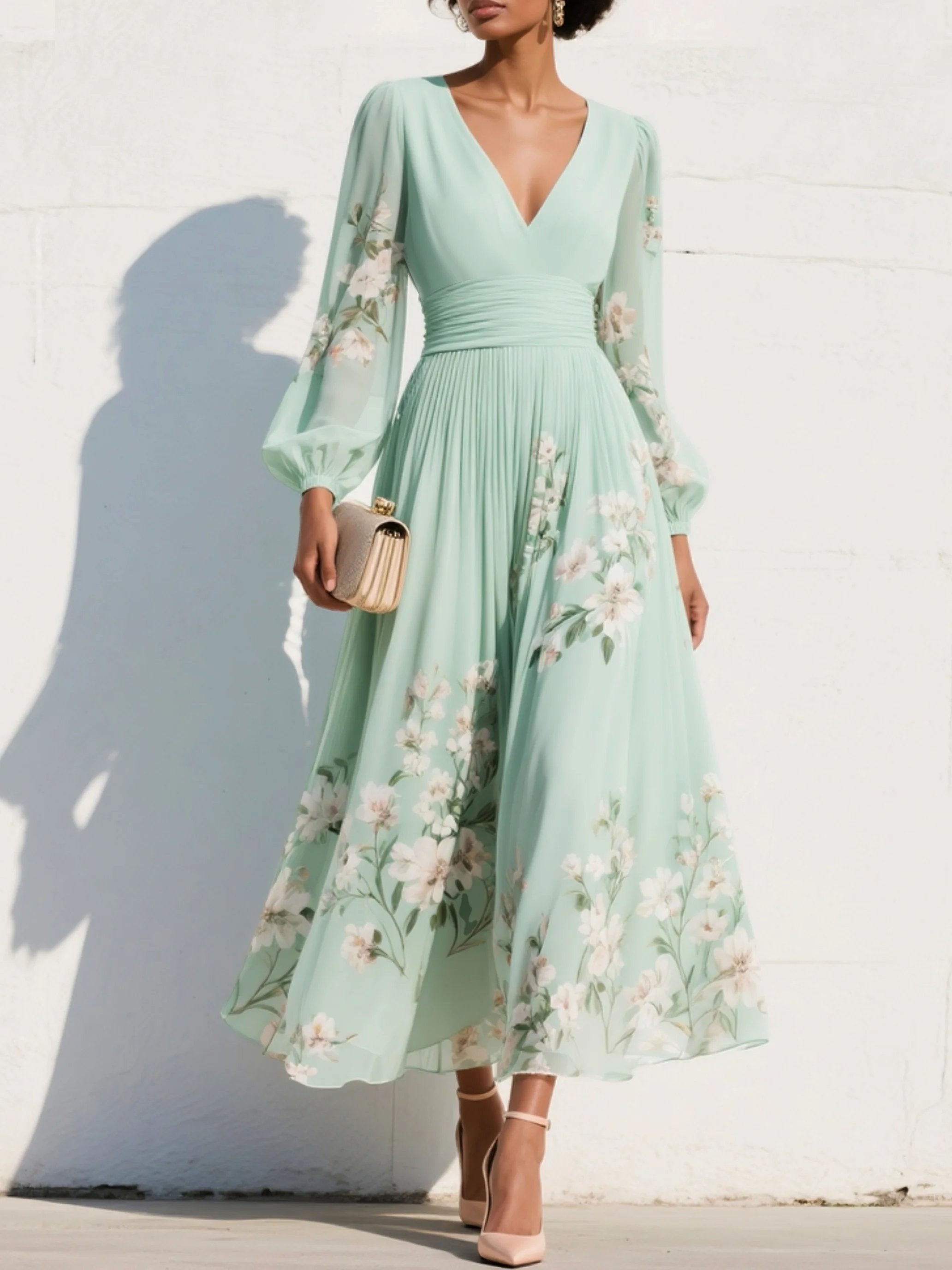 Women's Floral Chiffon Balloon-Sleeve V-Neck Midi Dress - Light Green