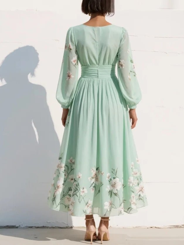 Women's Floral Chiffon Balloon-Sleeve V-Neck Midi Dress