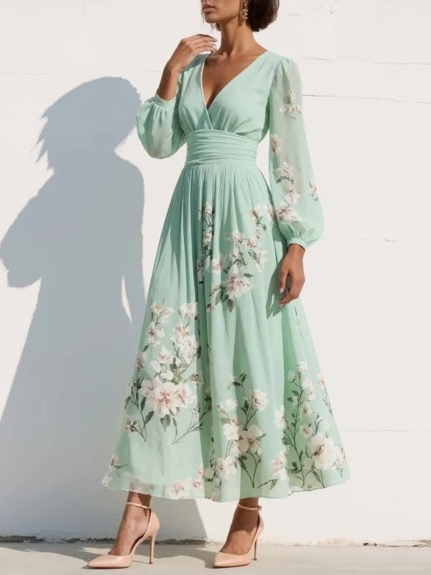 Women's Floral Chiffon Balloon-Sleeve V-Neck Midi Dress