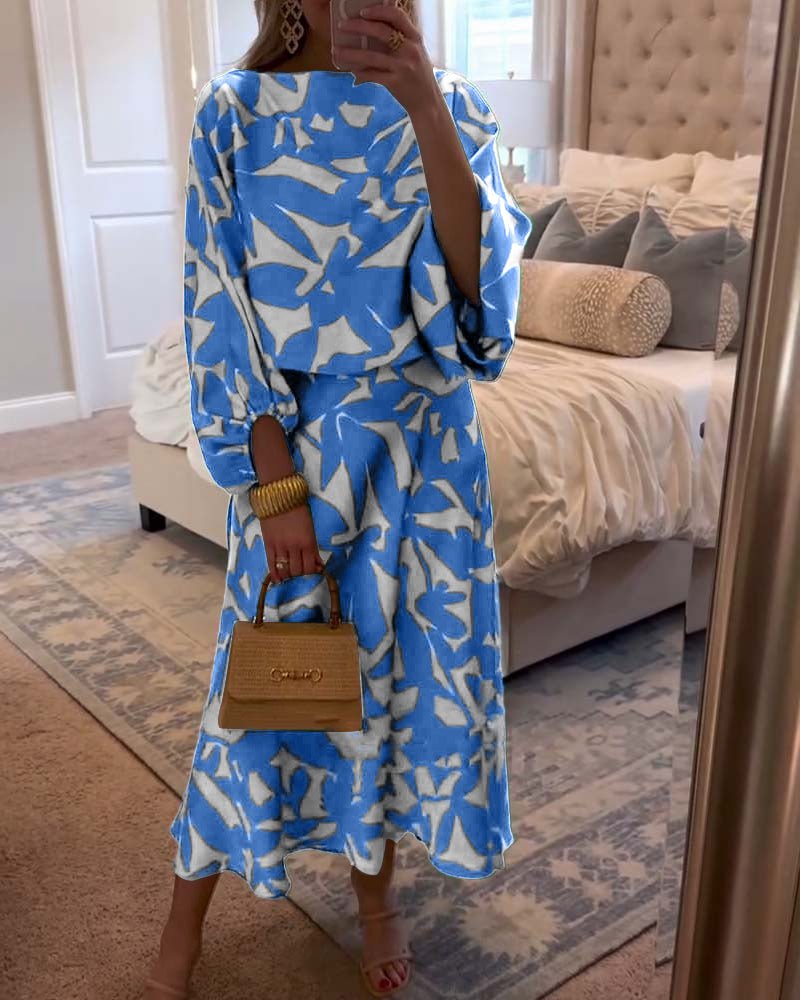 Women's Floral-Print Lantern-Sleeve Two-Piece Midi Skirt Set - Blue