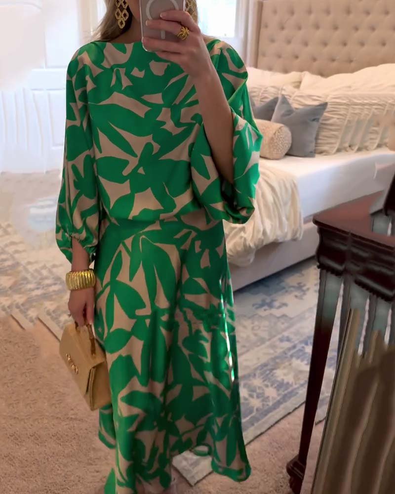 Women's Floral-Print Lantern-Sleeve Two-Piece Midi Skirt Set