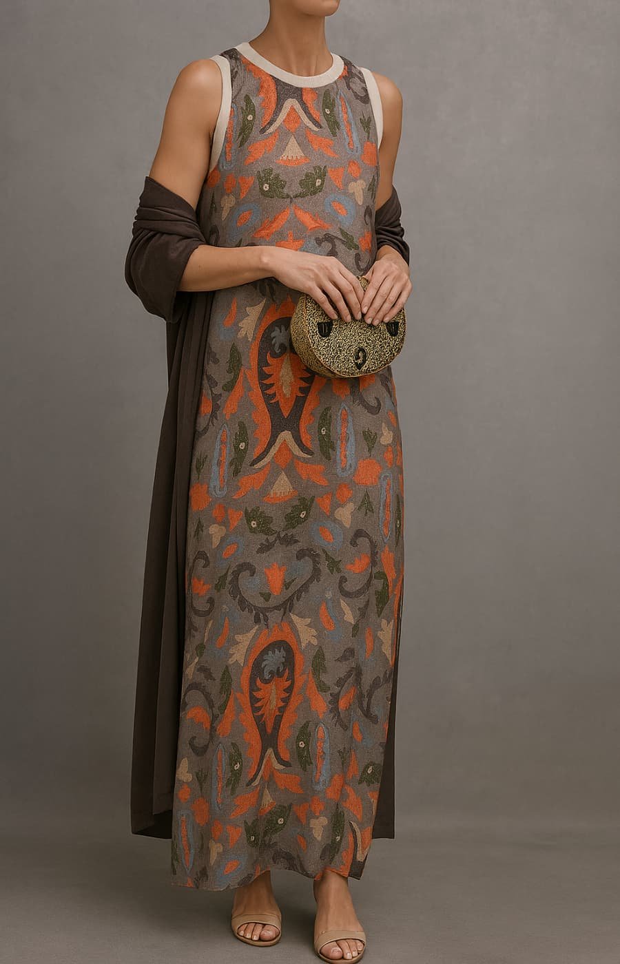 Women's Floral-Print Sleeveless Maxi Dress Shawl Set - Gray