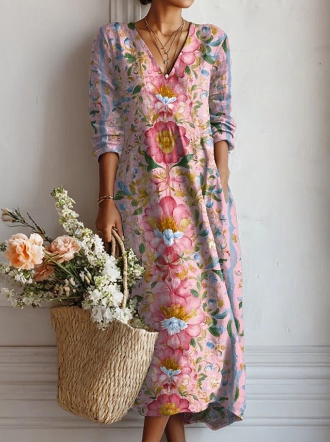 Women's Floral Print V-Neck Long-Sleeve Relaxed Maxi Dress - Dress (almost sold out)