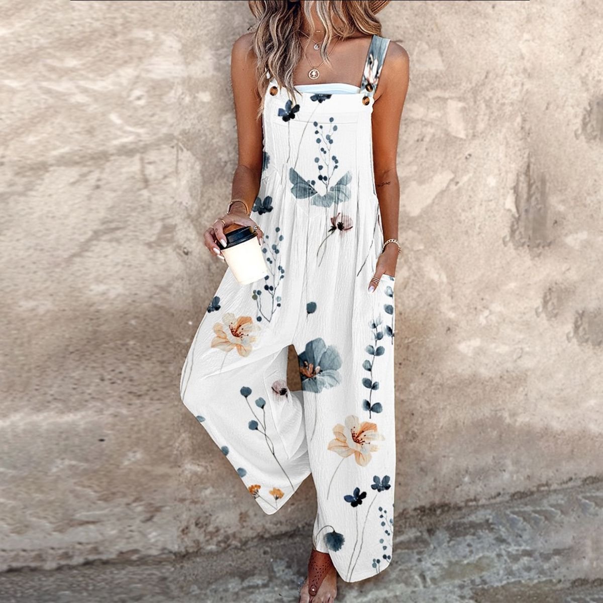 Women's Floral Print Wide-Leg Sleeveless Overall Jumpsuit - White