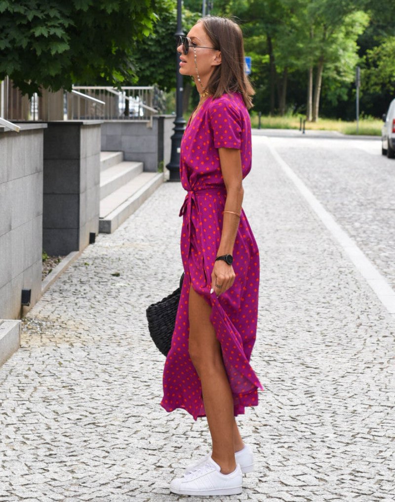 Women's Floral Print Wrap V-Neck Tie-Waist Cotton Midi Dress