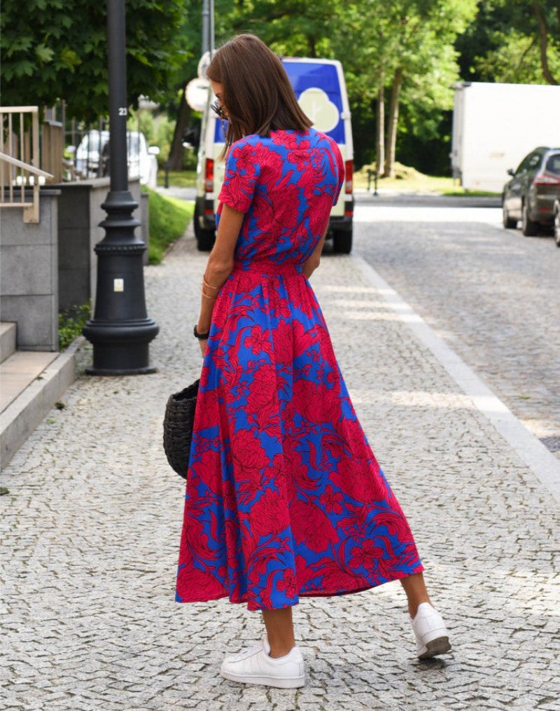 Women's Floral Print Wrap V-Neck Tie-Waist Cotton Midi Dress