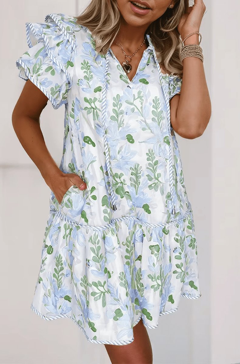 Women's Floral Ruffle-Sleeve Tiered Mini Swing Dress - Blue