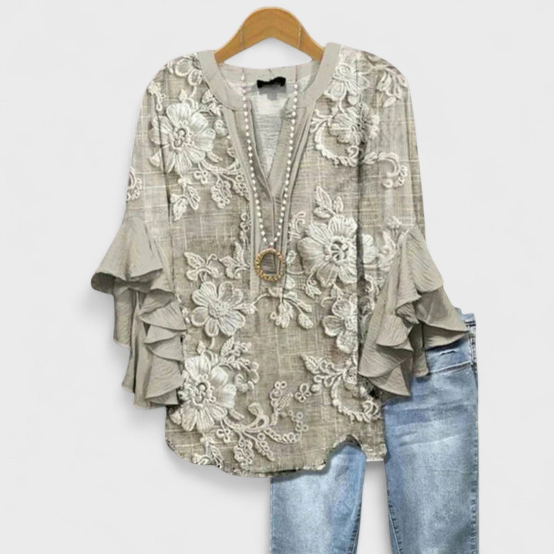 Women's Floral Ruffle-Sleeve V-Neck Lightweight Blouse - Light Brown