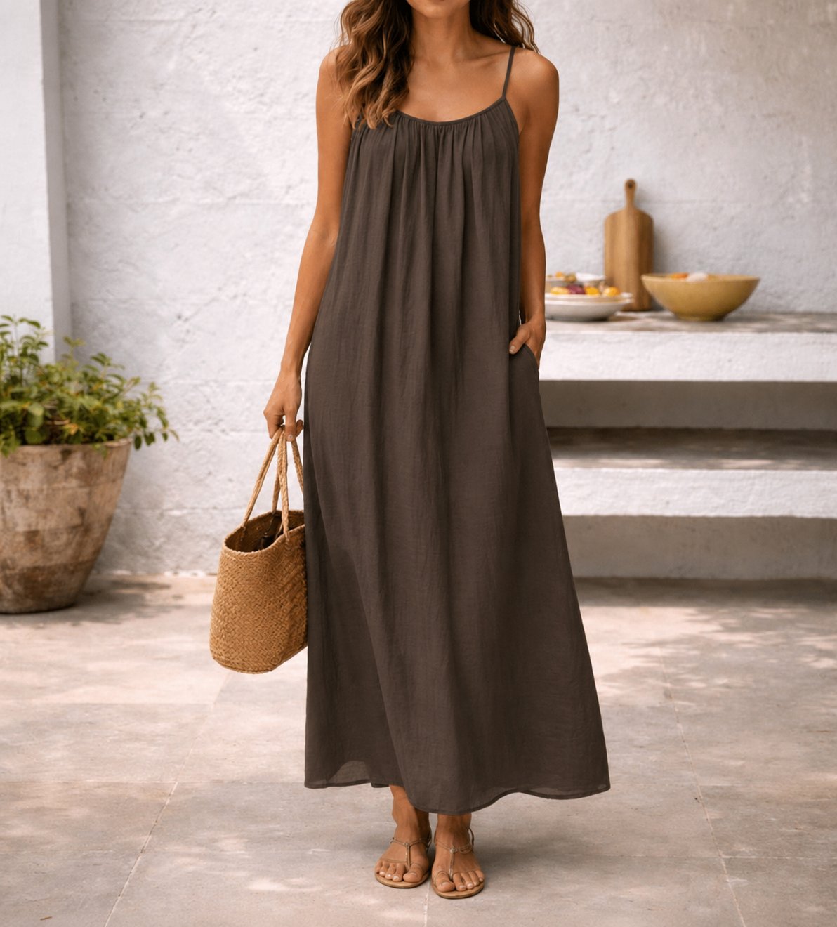 Women's Flowy Spaghetti Strap Linen Maxi Dress Pockets - Braun