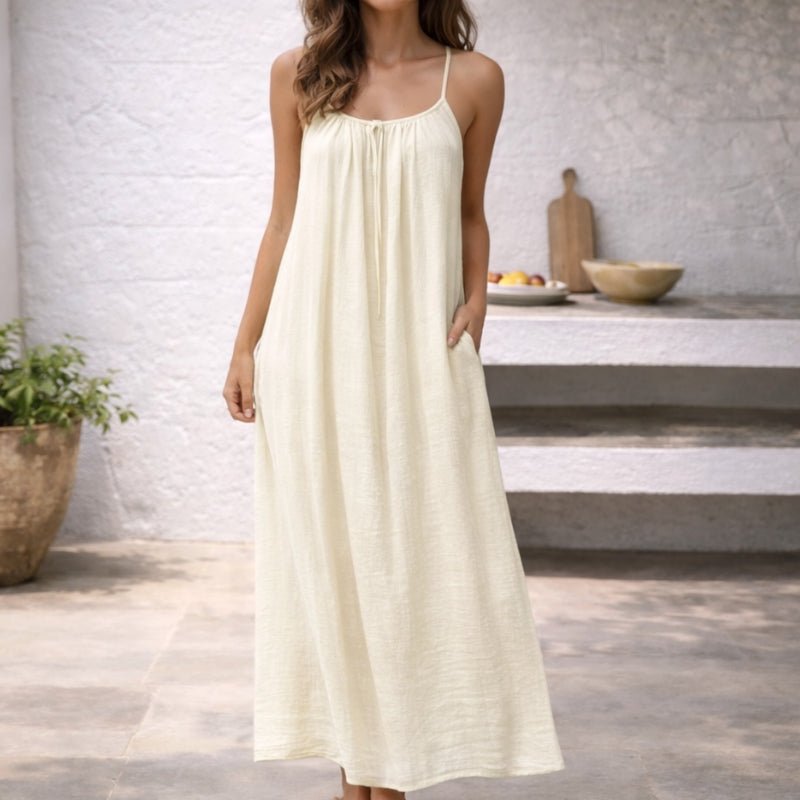 Women's Flowy Spaghetti Strap Linen Maxi Dress Pockets
