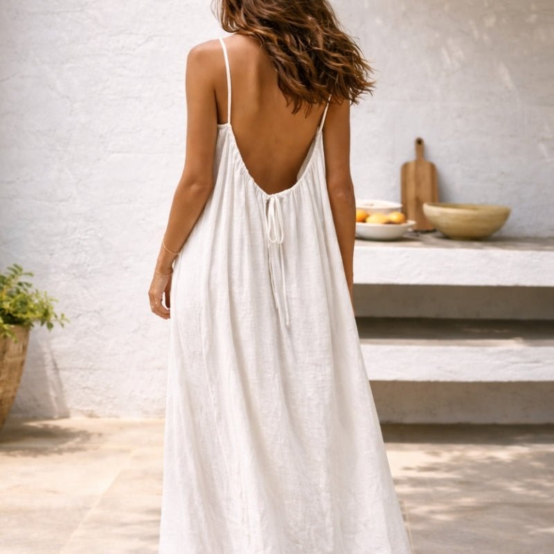 Women's Flowy Spaghetti Strap Linen Maxi Dress Pockets - Weiß