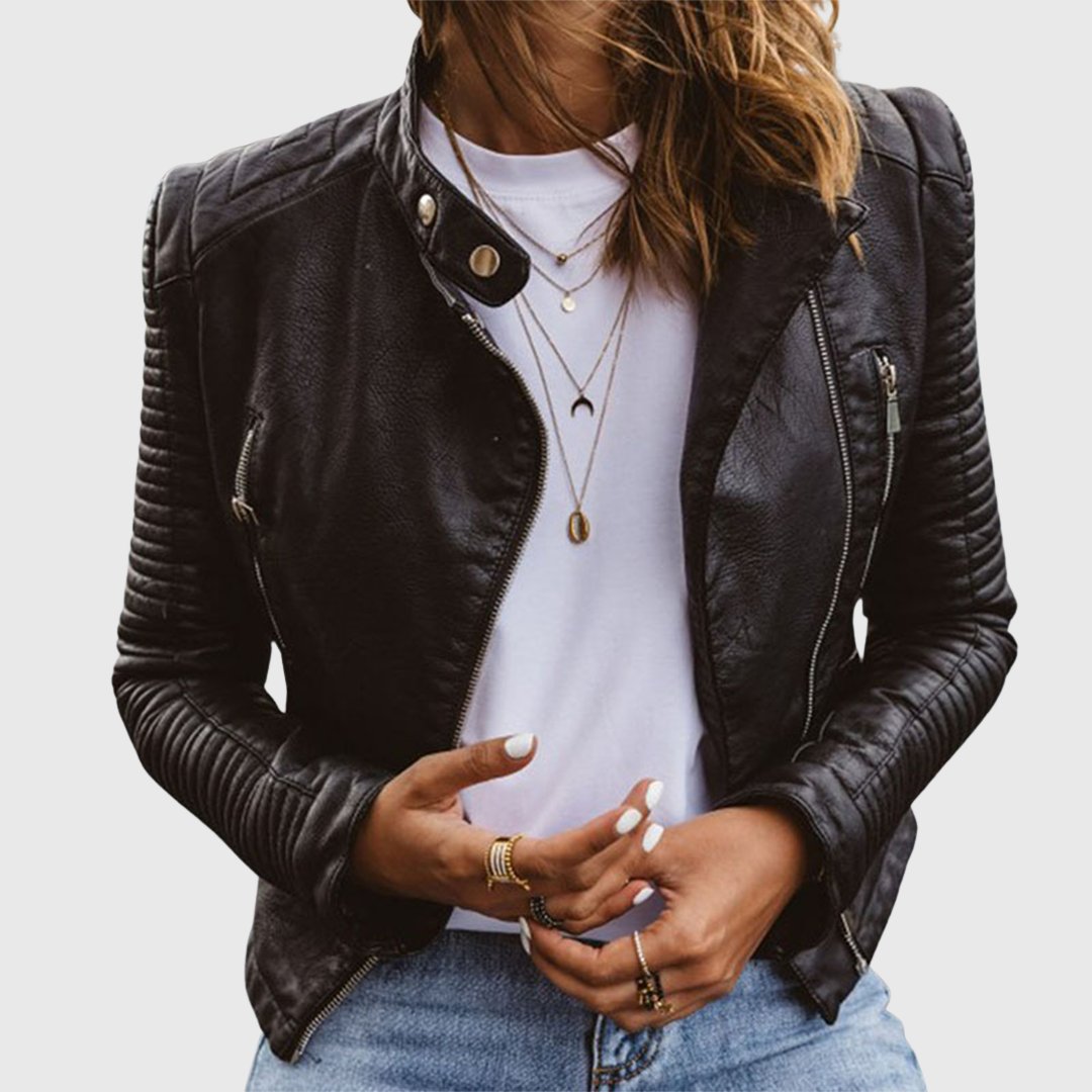 Women's Genuine Leather Moto Biker Jacket Zip-Up Quilted-Sleeve