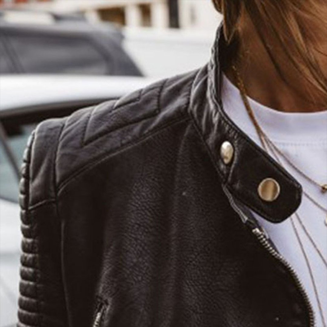 Women's Genuine Leather Moto Biker Jacket Zip-Up Quilted-Sleeve