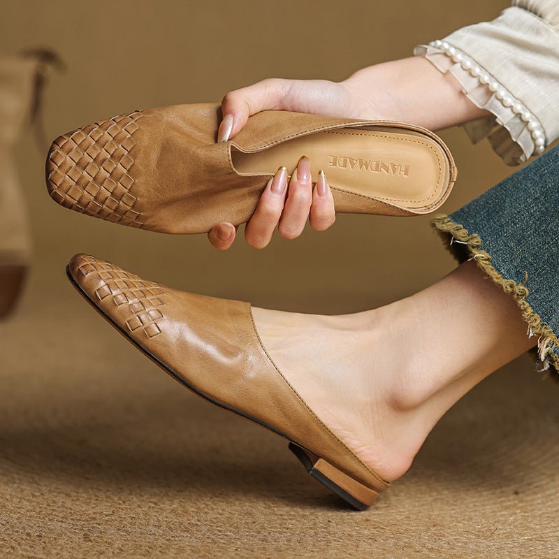 Women's Genuine Leather Woven-Toe Square-Toe Slip-On Mules - Khaki
