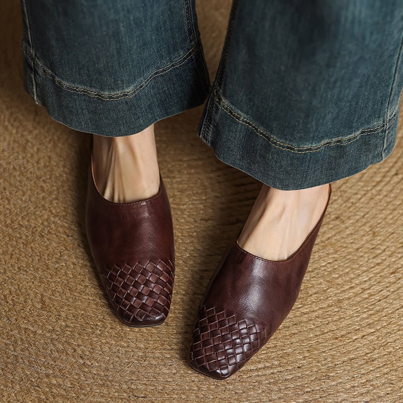 Women's Genuine Leather Woven-Toe Square-Toe Slip-On Mules