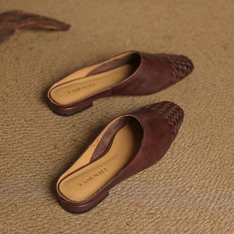 Women's Genuine Leather Woven-Toe Square-Toe Slip-On Mules