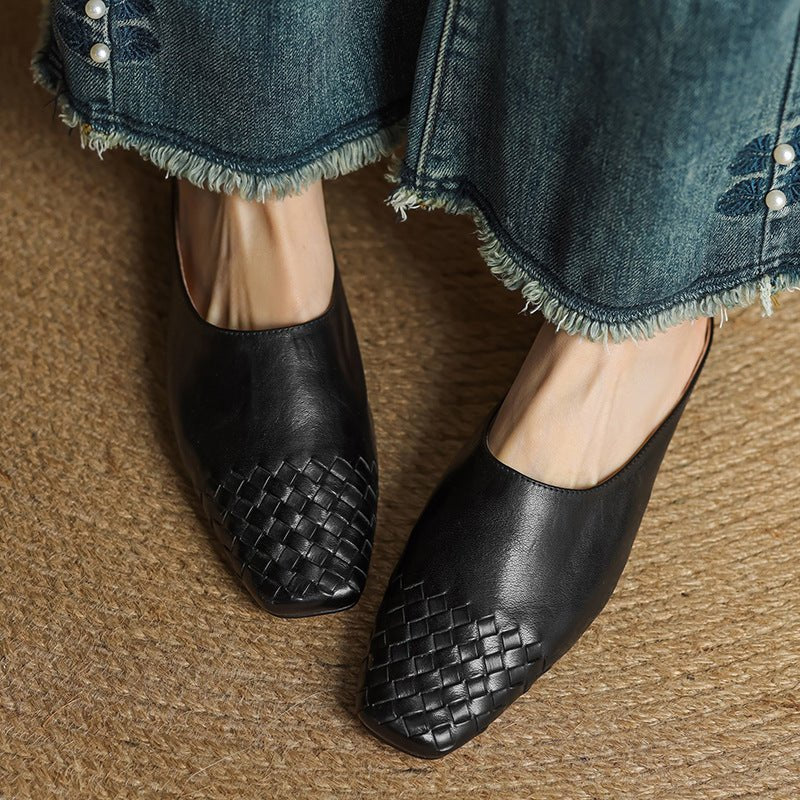Women's Genuine Leather Woven-Toe Square-Toe Slip-On Mules