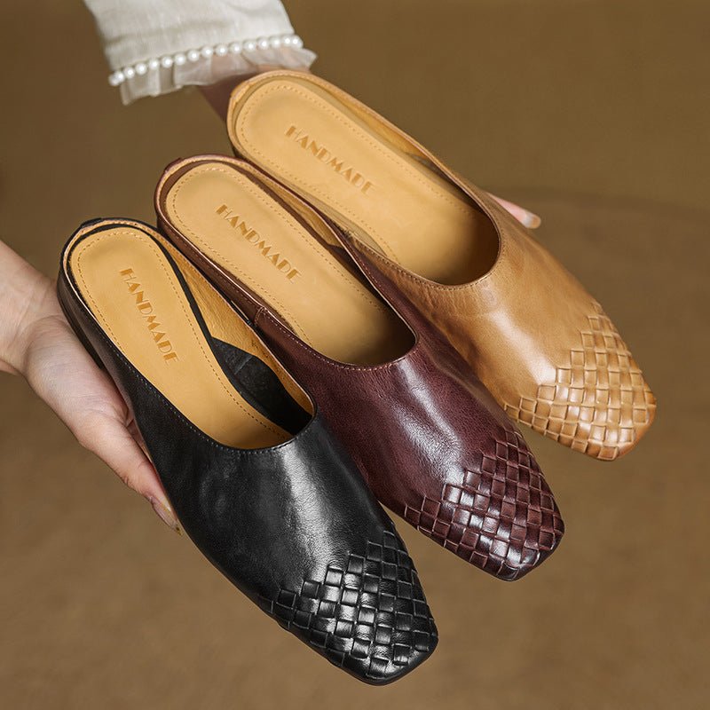 Women's Genuine Leather Woven-Toe Square-Toe Slip-On Mules